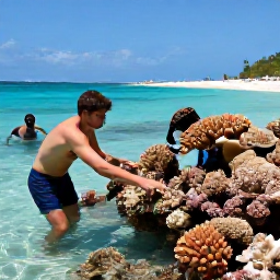 Caribbean Holidays, Coral Viewing, Responsible snorkellers observing a Caribbean coral reef without touching it, with a guide nearby and a bright beach in the background