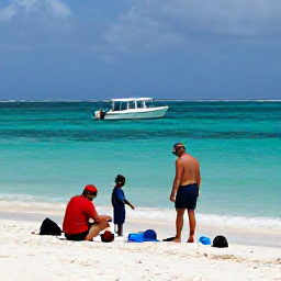 Caribbean Holidays, Coral Viewing, Visitors preparing snorkelling equipment beside a quiet Caribbean beach with turquoise water and a small boat offshore