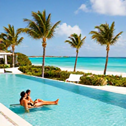 Caribbean Holidays, Couples Holidays, A couple relaxing beside a stylish infinity pool at a peaceful Turks and Caicos resort, palm trees and bright Caribbean daylight