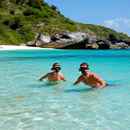 Caribbean Holidays, Couples Holidays, A couple snorkelling in clear Caribbean water beside a sandy cove in Saint Barth&eacute;lemy, with colourful fish and rugged green hills