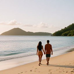 Caribbean Holidays, Couples Holidays, A couple walking hand in hand along a quiet golden beach on Saint Kitts at sunset, with calm Caribbean water and green hills in the distance