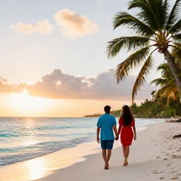 Caribbean Holidays, Couples Holidays, A couple walking hand in hand along a quiet white-sand beach in Antigua at sunset, calm turquoise sea and palm trees