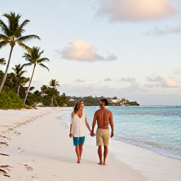 Caribbean Holidays, Couples Holidays, A couple walking hand in hand along a quiet white-sand beach in Saint Barth&eacute;lemy at golden hour, with turquoise water and palm trees