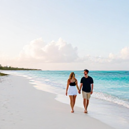 Caribbean Holidays, Couples Holidays, A couple walking hand in hand along the quiet white sands of Grace Bay Beach in Turks and Caicos, turquoise sea and soft morning light