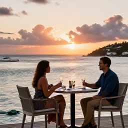 Caribbean Holidays, Couples Holidays, A romantic table for two at a stylish waterfront restaurant in Gustavia, Saint Barth&eacute;lemy, during sunset