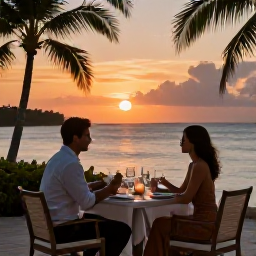 Caribbean Holidays, Couples Holidays, An elegant beachfront restaurant at sunset with a couple dining at a table, candles, tropical sea and relaxed Caribbean atmosphere