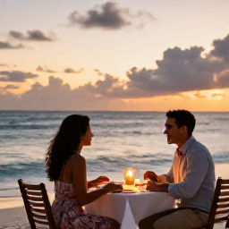 Caribbean Holidays, Couples Holidays, Candlelit beachfront dinner for two with Caribbean sea and sunset in the background
