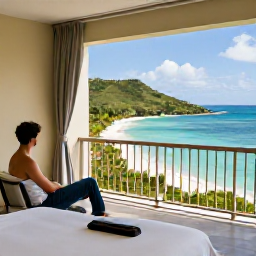 Caribbean Holidays, Couples Holidays, Comfortable couple&rsquo;s resort room or balcony overlooking a tropical Caribbean bay on Saint Kitts and Nevis