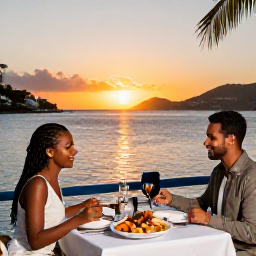Caribbean Holidays, Couples Holidays, Couple dining at an intimate waterfront restaurant in Grand Case, Saint Martin, with local seafood and sunset views