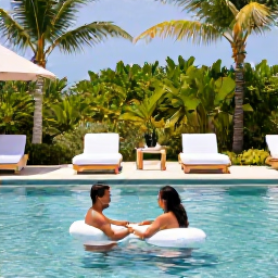 Caribbean Holidays, Couples Holidays, Couple enjoying a spa treatment and quiet resort pool surrounded by tropical greenery in Turks and Caicos