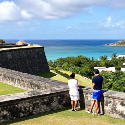 Caribbean Holidays, Couples Holidays, Couple exploring Brimstone Hill Fortress on Saint Kitts, with historic stone walls, tropical vegetation and wide sea views