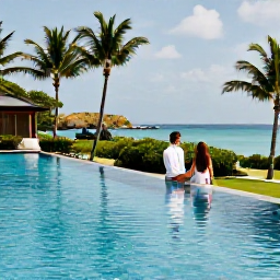 Caribbean Holidays, Couples Holidays, Couple relaxing beside an infinity pool at a stylish Antigua resort, tropical gardens, palm trees and ocean beyond