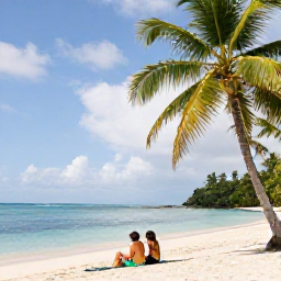 Caribbean Holidays, Couples Holidays, Couple relaxing on a peaceful Caribbean beach with palm trees and calm sea in Saint Vincent and the Grenadines