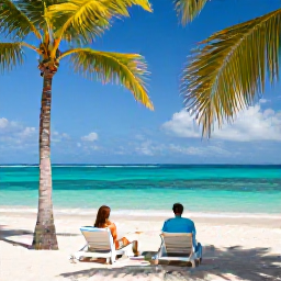 Caribbean Holidays, Couples Holidays, Couple relaxing on a quiet Caribbean beach on Nevis, with palm trees, clear turquoise water and sun loungers