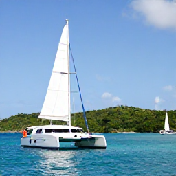 Caribbean Holidays, Couples Holidays, Couple sailing on a catamaran beside green Caribbean islands near Saint Martin and Sint Maarten in bright sunshine