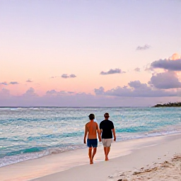 Caribbean Holidays, Couples Holidays, Couple walking barefoot along Grace Bay Beach at sunset, with calm turquoise sea and pastel sky