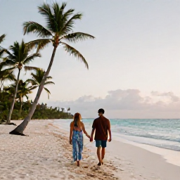 Caribbean Holidays, Couples Holidays, Couple walking hand in hand along a palm-fringed white sand beach in Punta Cana, Dominican Republic, at sunset
