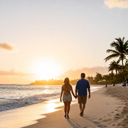 Caribbean Holidays, Couples Holidays, Couple walking hand in hand along a quiet Caribbean beach at sunset on Saint Martin