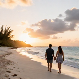 Caribbean Holidays, Couples Holidays, Couple walking hand in hand along a quiet white-sand beach at sunset on Saint Martin