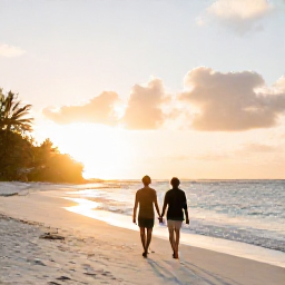 Caribbean Holidays, Couples Holidays, Couple walking hand in hand along a quiet white-sand beach on Saint Vincent and the Grenadines at sunset