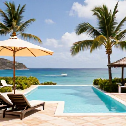 Caribbean Holidays, Couples Holidays, Elegant Caribbean hotel terrace with a private plunge pool, palm trees and sea view on Saint Martin
