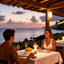 Caribbean Holidays, Couples Holidays, Elegant seaside restaurant in Antigua with a couple enjoying dinner at sunset, lanterns, local dishes and ocean views
