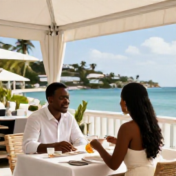 Caribbean Holidays, Couples Holidays, Elegant seaside restaurant terrace in Grand Case, Saint Martin, with a couple enjoying a relaxed dinner