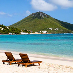 Caribbean Holidays, Couples Holidays, Quiet sandy cove with two sun loungers, clear turquoise water and lush green hills on Saint Martin