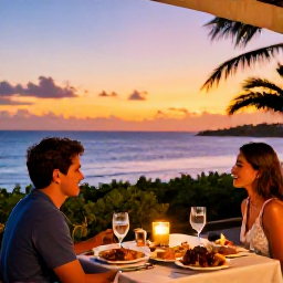 Caribbean Holidays, Couples Holidays, Romantic beachfront restaurant in Turks and Caicos with candlelit tables, fresh seafood and a sunset view