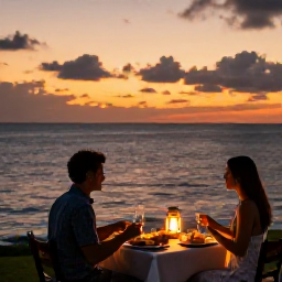 Caribbean Holidays, Couples Holidays, Romantic outdoor dinner for two beside the Caribbean sea on Saint Kitts, with lanterns, local food and a sunset sky
