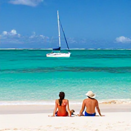 Caribbean Holidays, Couples Holidays, Turquoise bay with a sailing boat and couple relaxing on a secluded beach in the Grenadines