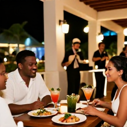 Caribbean Holidays, Cuba Adults Only, Adults enjoying a stylish Cuban resort evening with dinner, tropical cocktails, soft lighting and live music
