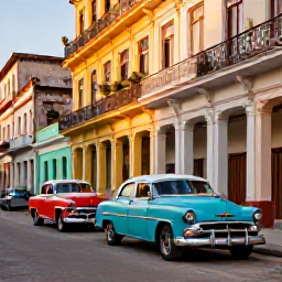 Caribbean Holidays, Cuba Adults Only, Colourful classic American cars and colonial buildings on a lively Havana street in Cuba, with warm evening light