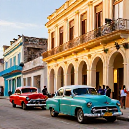 Caribbean Holidays, Cuba Adults Only, Colourful classic American cars on a Havana street, colonial buildings, local musicians and warm late-afternoon light