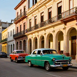 Caribbean Holidays, Cuba Adults Only, Colourful classic American cars on a street in Havana, with colonial buildings, balconies and warm afternoon light