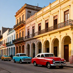 Caribbean Holidays, Cuba Adults Only, Colourful classic American cars on a street in Havana with colonial buildings, balconies and warm late-afternoon light