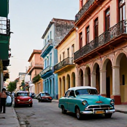 Caribbean Holidays, Cuba Adults Only, Colourful colonial street in Havana, Cuba, with classic American cars and warm evening light