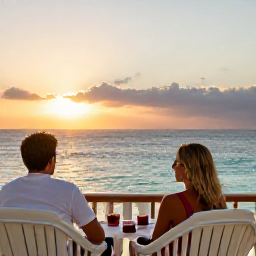 Caribbean Holidays, Cuba Adults Only, Couple enjoying a calm sunset from an adults-only Cuban resort terrace overlooking the Caribbean Sea