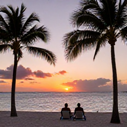 Caribbean Holidays, Cuba Adults Only, Couple relaxing on a Cuban beach at sunset beside a peaceful adults-only resort, with palm silhouettes and calm Caribbean water