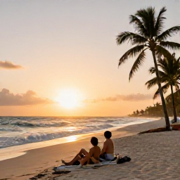 Caribbean Holidays, Cuba Adults Only, Couple relaxing on a Cuban beach at sunset beside an adults-only resort, with gentle waves and palm silhouettes