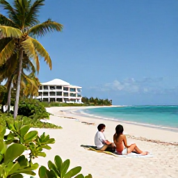 Caribbean Holidays, Cuba Adults Only, Couple relaxing on a quiet Cuban beach beside a stylish adults-only hotel, with a tropical garden and turquoise sea