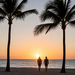 Caribbean Holidays, Cuba Adults Only, Couple walking along a Cuban beach at sunset near an adults-only resort, with palm silhouettes and calm sea