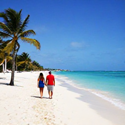 Caribbean Holidays, Cuba Adults Only, Couple walking along a quiet white sandy beach near Varadero, Cuba, with clear blue water and palm trees