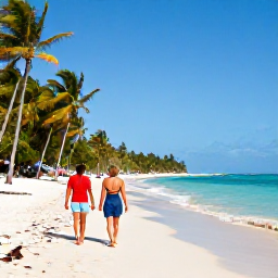 Caribbean Holidays, Cuba Adults Only, Couple walking along a tropical Cuban beach in April, bright blue sea and palm-lined coastline