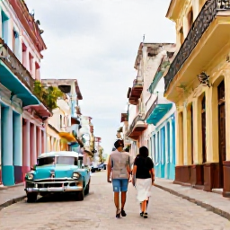 Caribbean Holidays, Cuba Adults Only, Couple walking through colourful colonial streets in Havana, Cuba, with classic cars and historic buildings