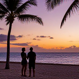 Caribbean Holidays, Cuba Adults Only, Couple watching a colourful sunset over the Caribbean Sea from a Cuban adults-only resort, with palm silhouettes and a relaxed evening atmosphere