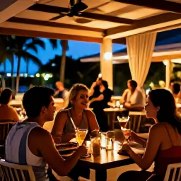 Caribbean Holidays, Cuba Adults Only, Cuban evening resort scene with live music, cocktails, warm lights and adults enjoying a relaxed atmosphere