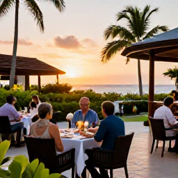 Caribbean Holidays, Cuba Adults Only, Elegant adults-only Cuban resort restaurant at sunset, with outdoor tables, tropical gardens and guests enjoying dinner
