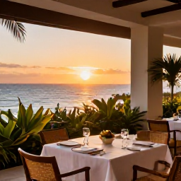 Caribbean Holidays, Cuba Adults Only, Elegant adults-only Cuban resort restaurant at sunset, with outdoor tables, tropical plants and freshly prepared local food