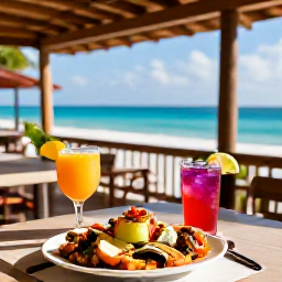 Caribbean Holidays, Cuba Adults Only, Fresh Cuban seafood and colourful cocktails served at an open-air resort restaurant overlooking the sea